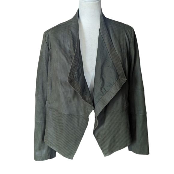 Leather Suede Open Front Waterfall Textured Olive Green Jacket Sz 14 - Picture 7 of 11